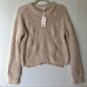 Candies women’s eyelash chenille long sleeve cable knit sweater, Large, beige